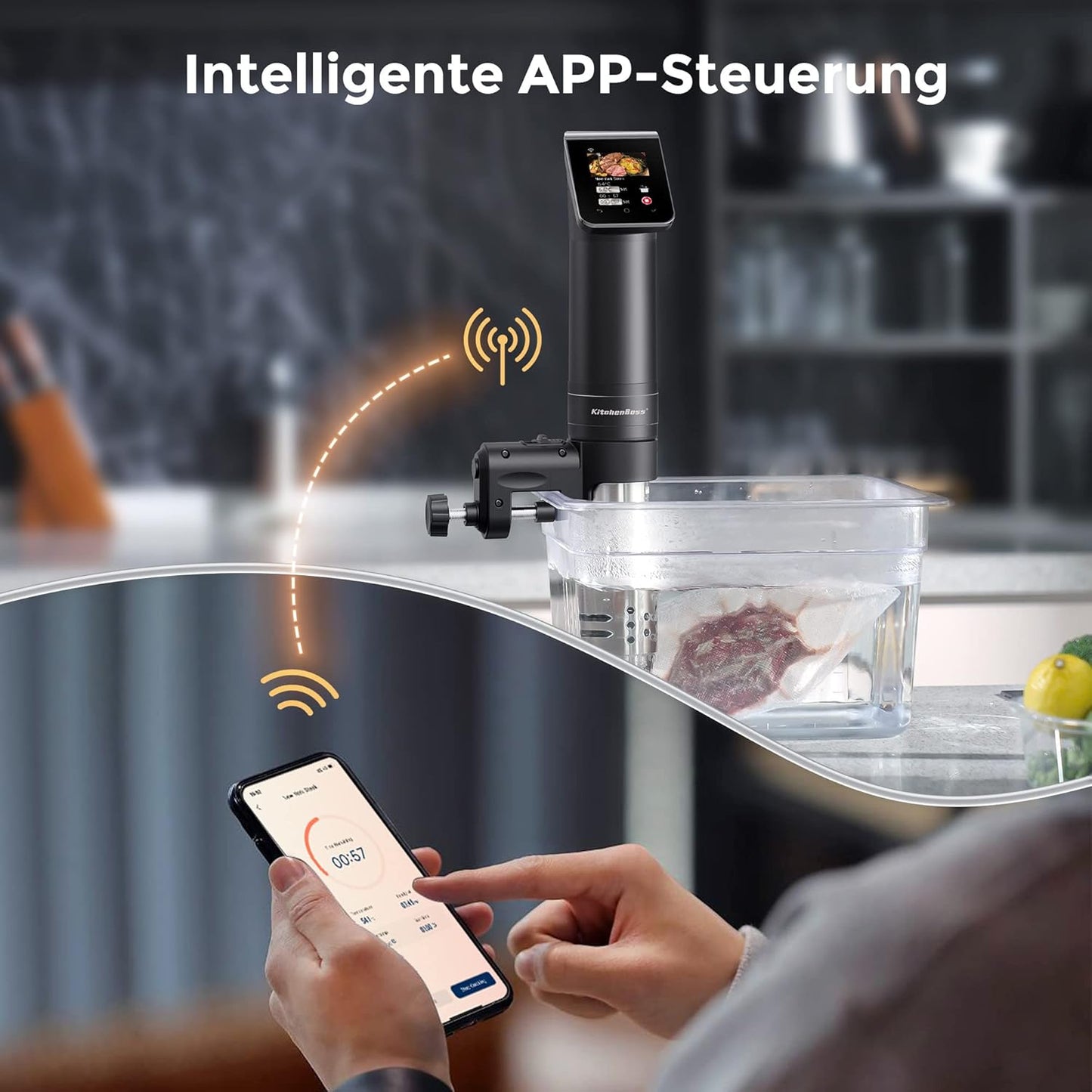 KitchenBoss Sous Vide Garer Stick WLAN: G330 Wifi Precision Cooker Precise Temperature Setting up to 90°C IPX7 Waterproof TFT Touch Display Immersion Diving Ciculator 360° Circulation with Timer