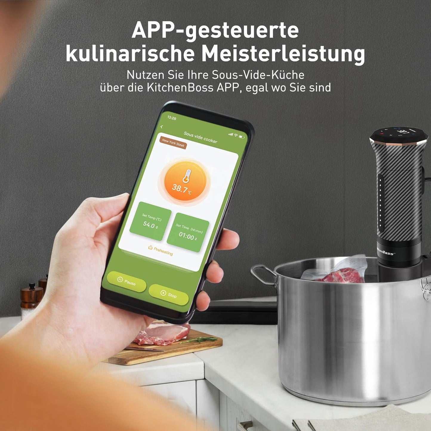 KitchenBoss Sous Vide Garer Stick WiFi:Sous Vide Stab Wi-Fi Präzisionskocher Immersion Tauchzikulator App-Steuerung IPX7 Wasserdicht Ultra-leise LED Touch Display 1100W 40℃-90℃