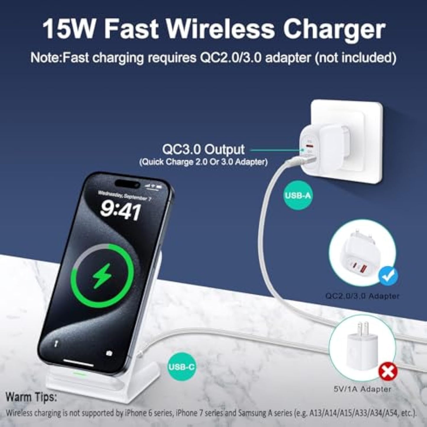 Inductive Charging Station for iPhone 16/15/14/13/12/11 Pro Max, 15W Wireless Charger Mobile Phone Stand Fast Wireless Charger for Samsung Galaxy S25/S24 Ultra/S23/S22/S21/S20 Google Pixel 9 Pro 8 7a