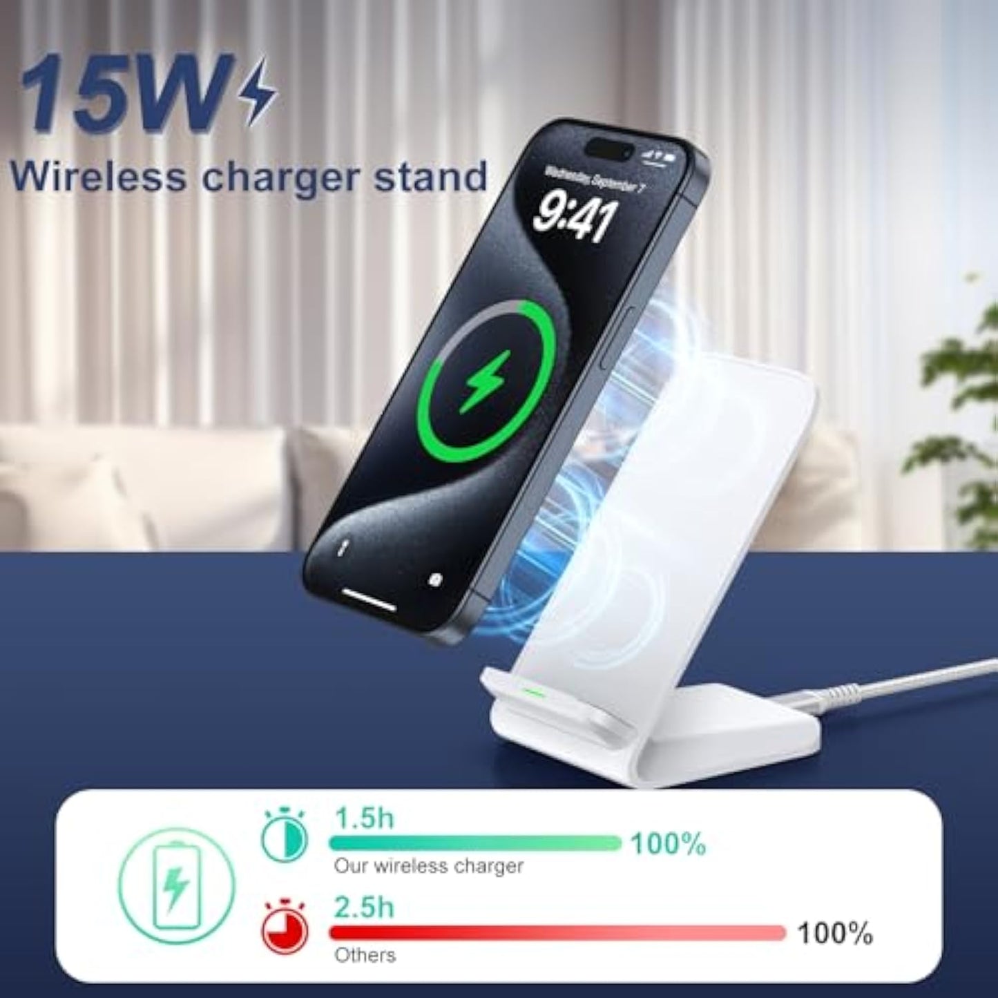 Inductive Charging Station for iPhone 16/15/14/13/12/11 Pro Max, 15W Wireless Charger Mobile Phone Stand Fast Wireless Charger for Samsung Galaxy S25/S24 Ultra/S23/S22/S21/S20 Google Pixel 9 Pro 8 7a
