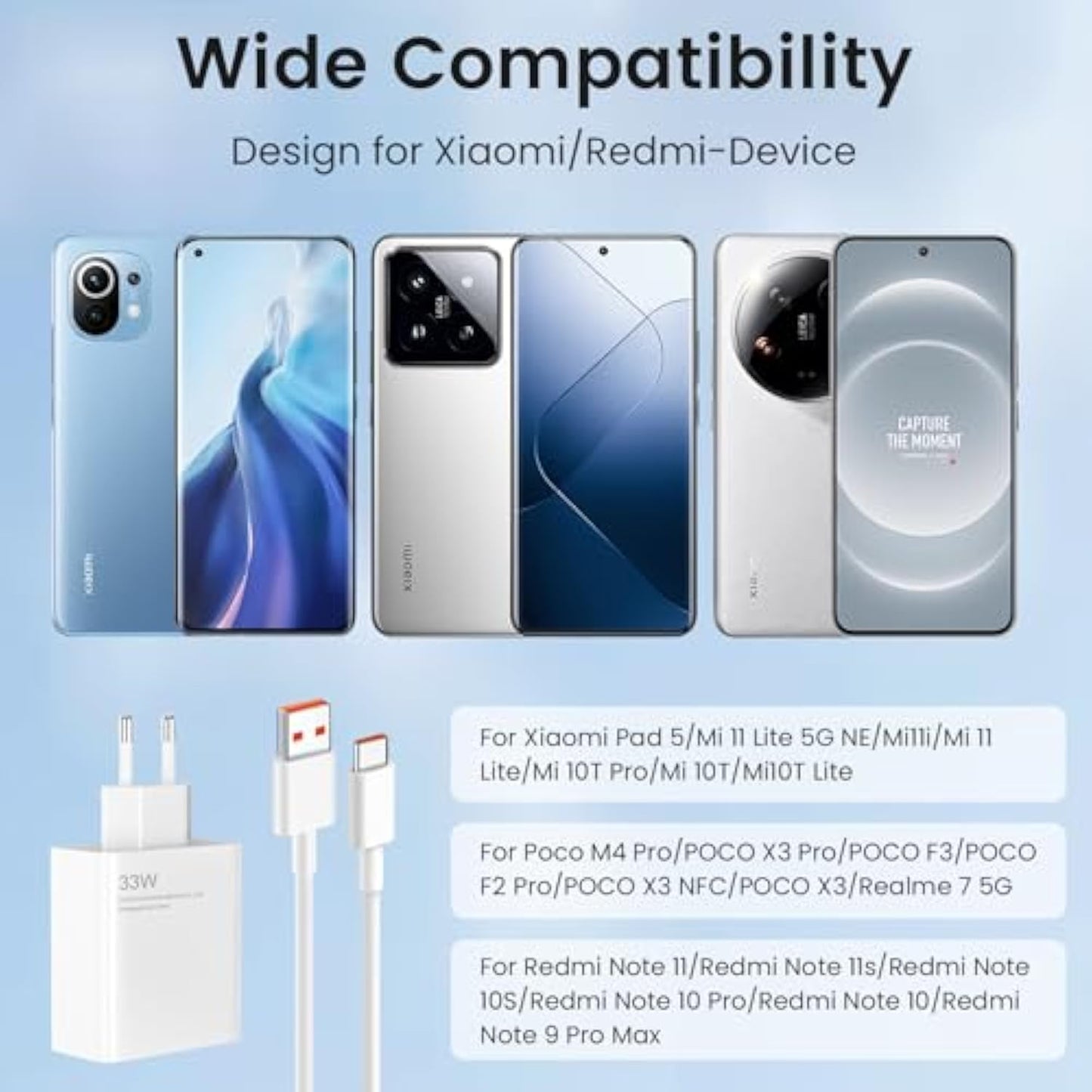 33 W USB C Charger Power Supply with 6A Charging Cable 2 m, Quick Charger USB Power Mobile Phone Chargers for Xiaomi Mi14 T Mi14 14 Pro Mi13T Mi13 Mi12 Mi11 Redmi Note 14 13 12 11 10 Poco X6 X5 X4 Pad