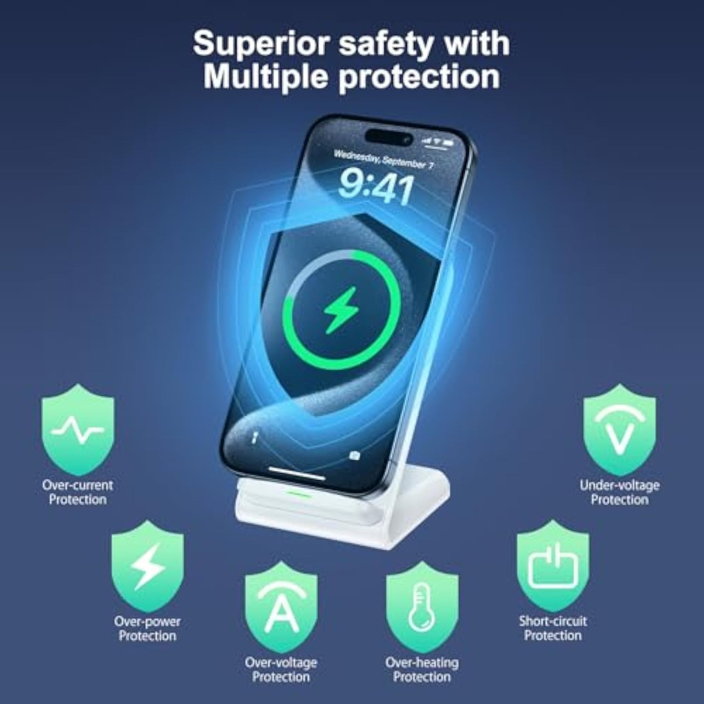 Inductive Charging Station for iPhone 16/15/14/13/12/11 Pro Max, 15W Wireless Charger Mobile Phone Stand Fast Wireless Charger for Samsung Galaxy S25/S24 Ultra/S23/S22/S21/S20 Google Pixel 9 Pro 8 7a