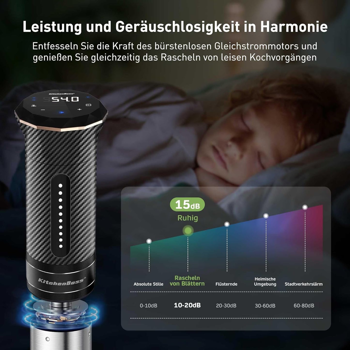 KitchenBoss Sous Vide Garer Stick WiFi：Sous Vide Stab Wi-Fi Präzisionskocher Immersion Tauchzikulator App-Steuerung IPX7 Wasserdicht Ultra-leise LED Touch Display 1100W 40℃-90℃