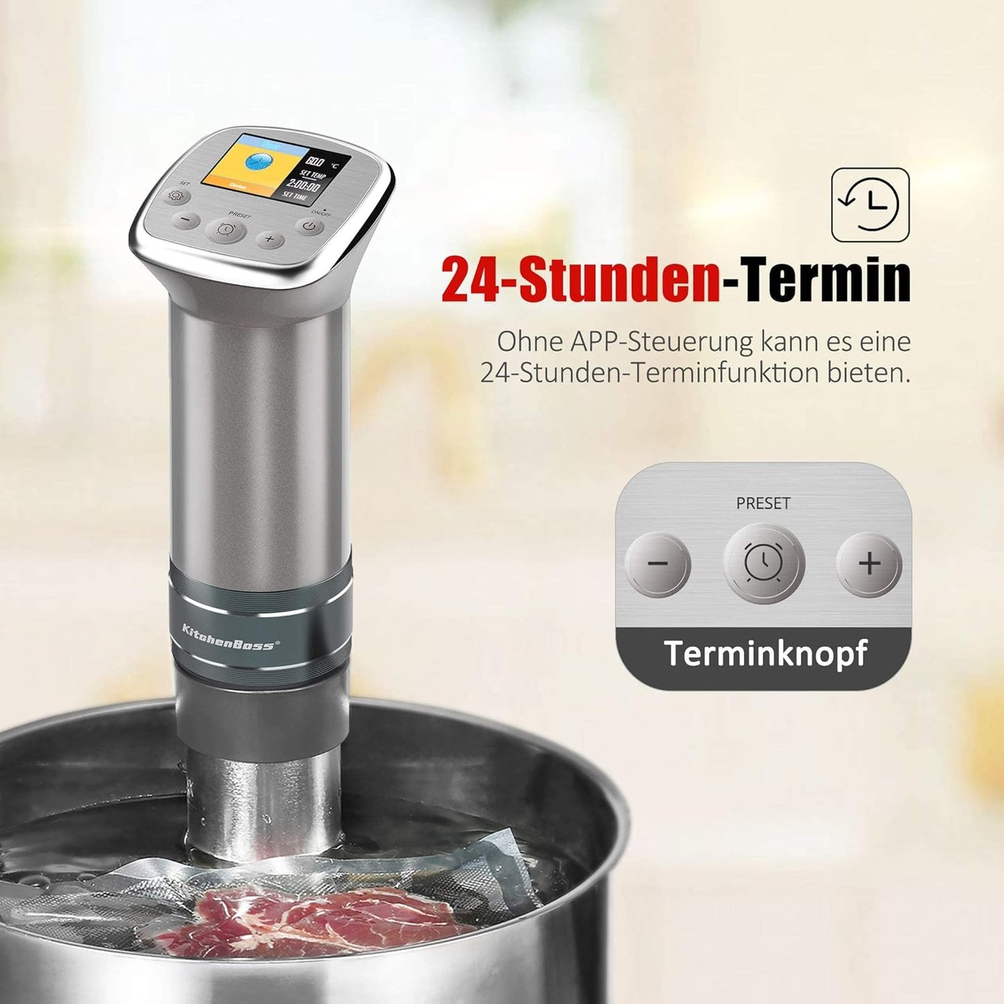 KitchenBoss Sous Vide Stick WiFi: Sous Vide Garer App Control Sous Vide Rod WLAN Precision Cooker TFT Touch Display 1100 W Circulation 40°C - 90°C Ultra Quiet IPX7 Waterproof