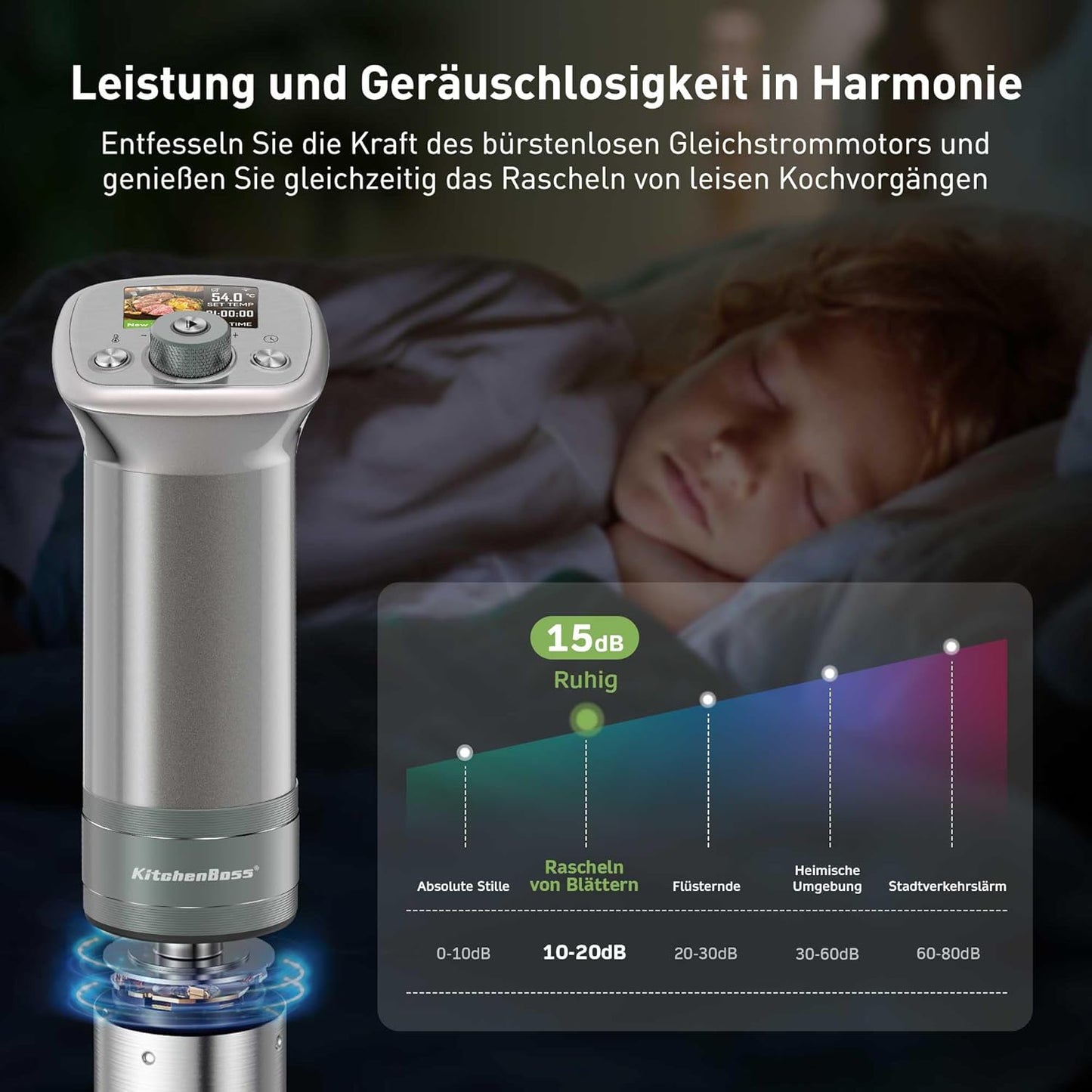 KitchenBoss Sous Vide Stick WiFi: Sous Vide Garer App Control Sous Vide Rod WLAN Precision Cooker TFT Touch Display 1100 W Circulation 40°C - 90°C Ultra Quiet IPX7 Waterproof