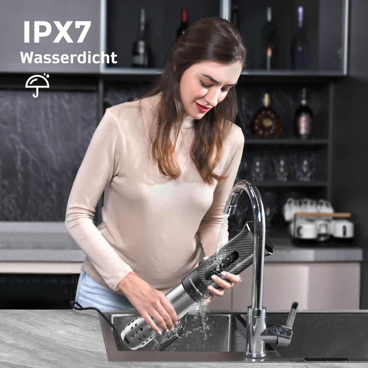 KitchenBoss Sous Vide Garer Stick WiFi：Sous Vide Stab Wi-Fi Präzisionskocher Immersion Tauchzikulator App-Steuerung IPX7 Wasserdicht Ultra-leise LED Touch Display 1100W 40℃-90℃
