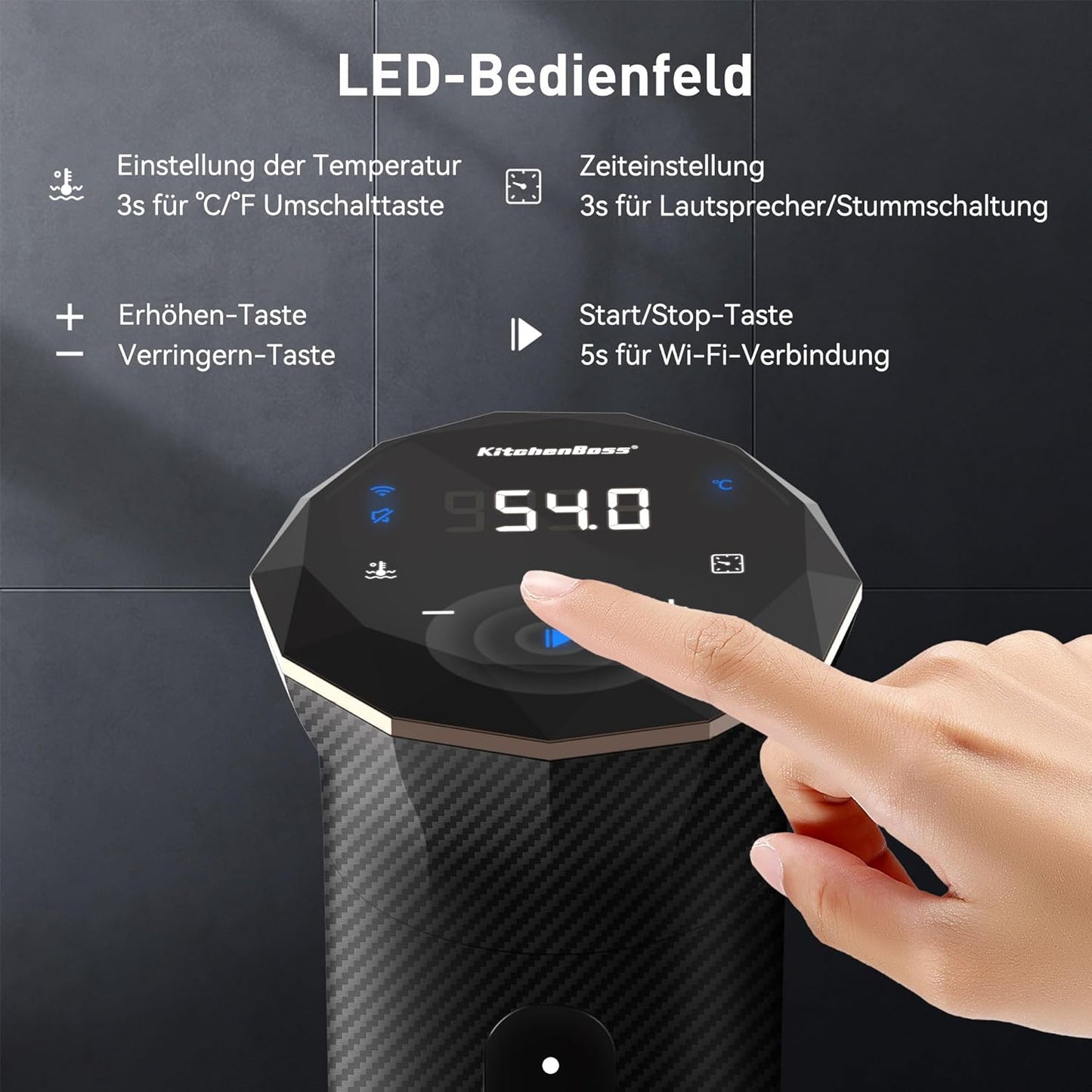 KitchenBoss Sous Vide Garer Stick WiFi：Sous Vide Stab Wi-Fi Präzisionskocher Immersion Tauchzikulator App-Steuerung IPX7 Wasserdicht Ultra-leise LED Touch Display 1100W 40℃-90℃