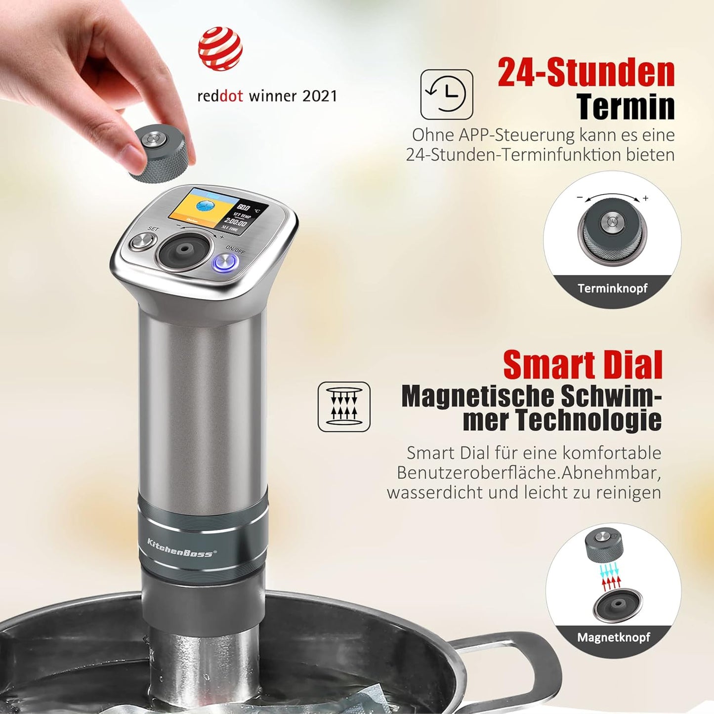 KitchenBoss Sous Vide Stick WiFi: Sous Vide Garer App Control Sous Vide Rod WLAN Precision Cooker TFT Touch Display 1100 W Circulation 40°C - 90°C Ultra Quiet IPX7 Waterproof