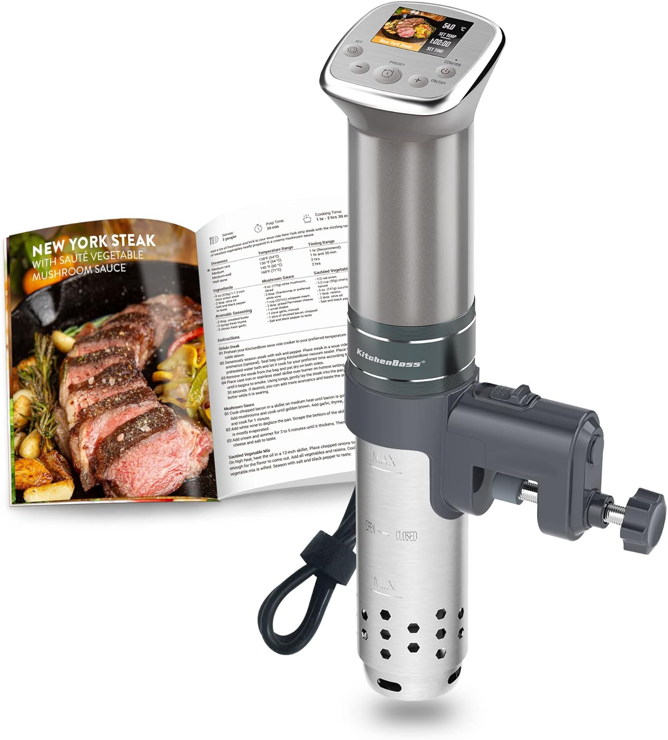 KitchenBoss Sous Vide Stick WiFi: Sous Vide Garer App Control Sous Vide Rod WLAN Precision Cooker TFT Touch Display 1100 W Circulation 40°C - 90°C Ultra Quiet IPX7 Waterproof