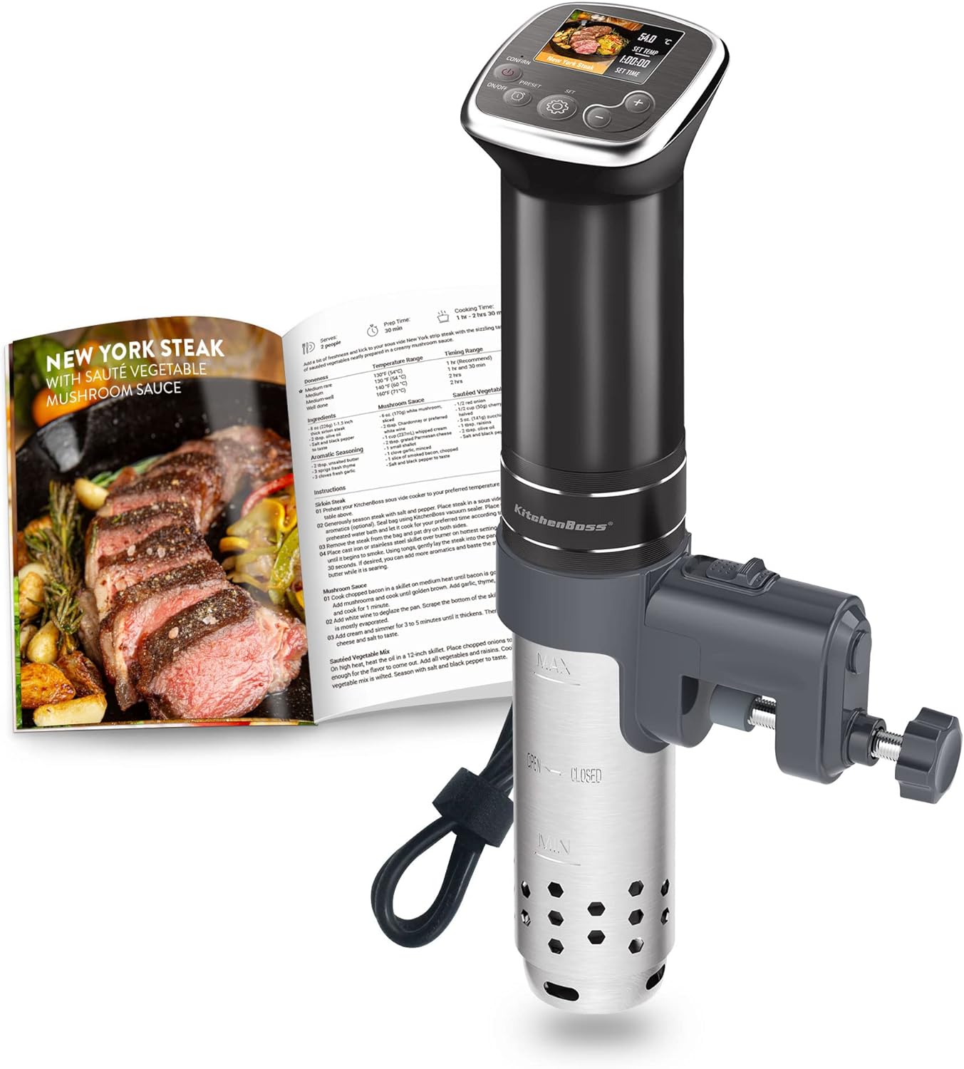 KitchenBoss Sous Vide Stick WiFi: Sous Vide Garer App Control Sous Vide Rod WLAN Precision Cooker TFT Touch Display 1100 W Circulation 40°C - 90°C Ultra Quiet IPX7 Waterproof