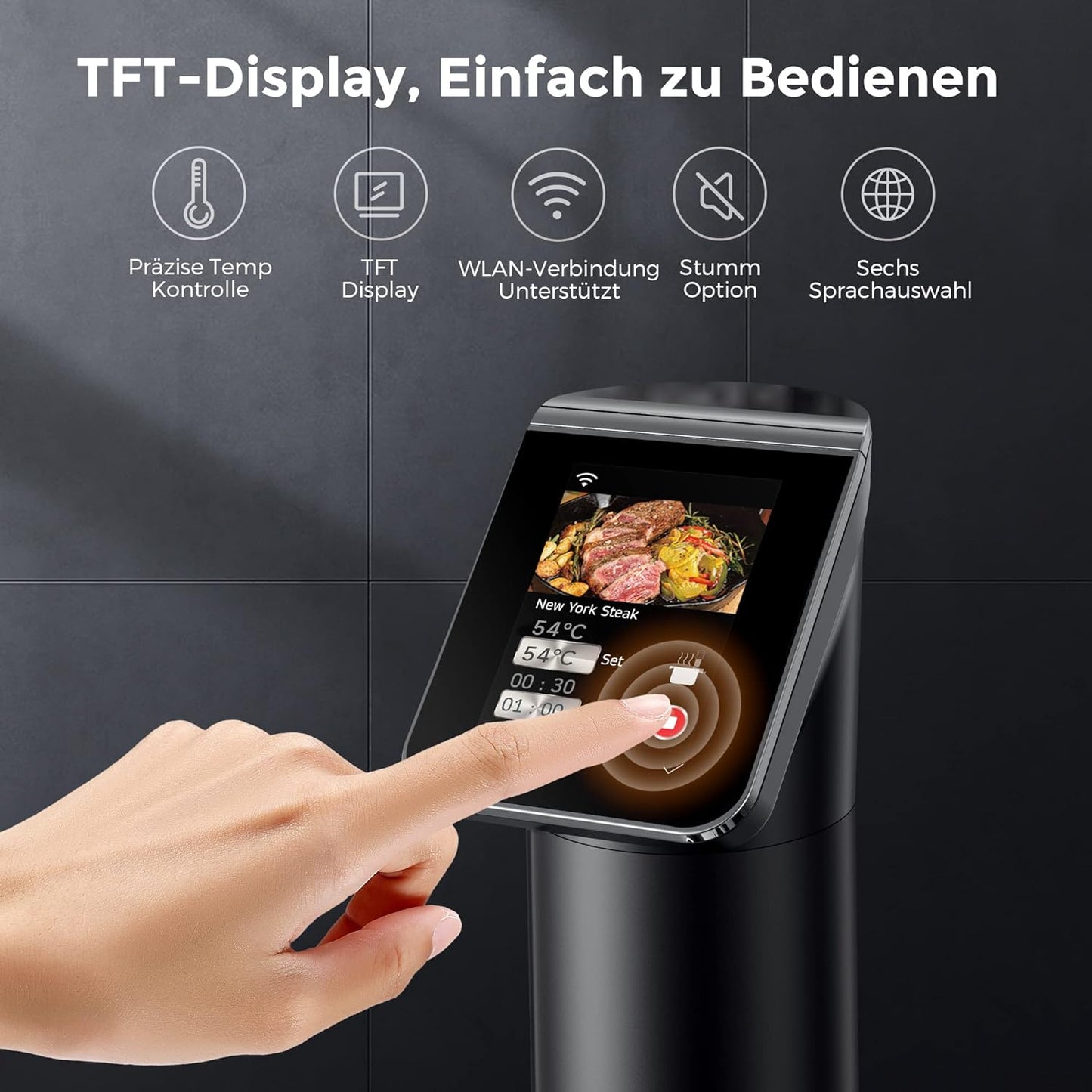 KitchenBoss Sous Vide Garer Stick WLAN: G330 Wifi Precision Cooker Precise Temperature Setting up to 90°C IPX7 Waterproof TFT Touch Display Immersion Diving Ciculator 360° Circulation with Timer