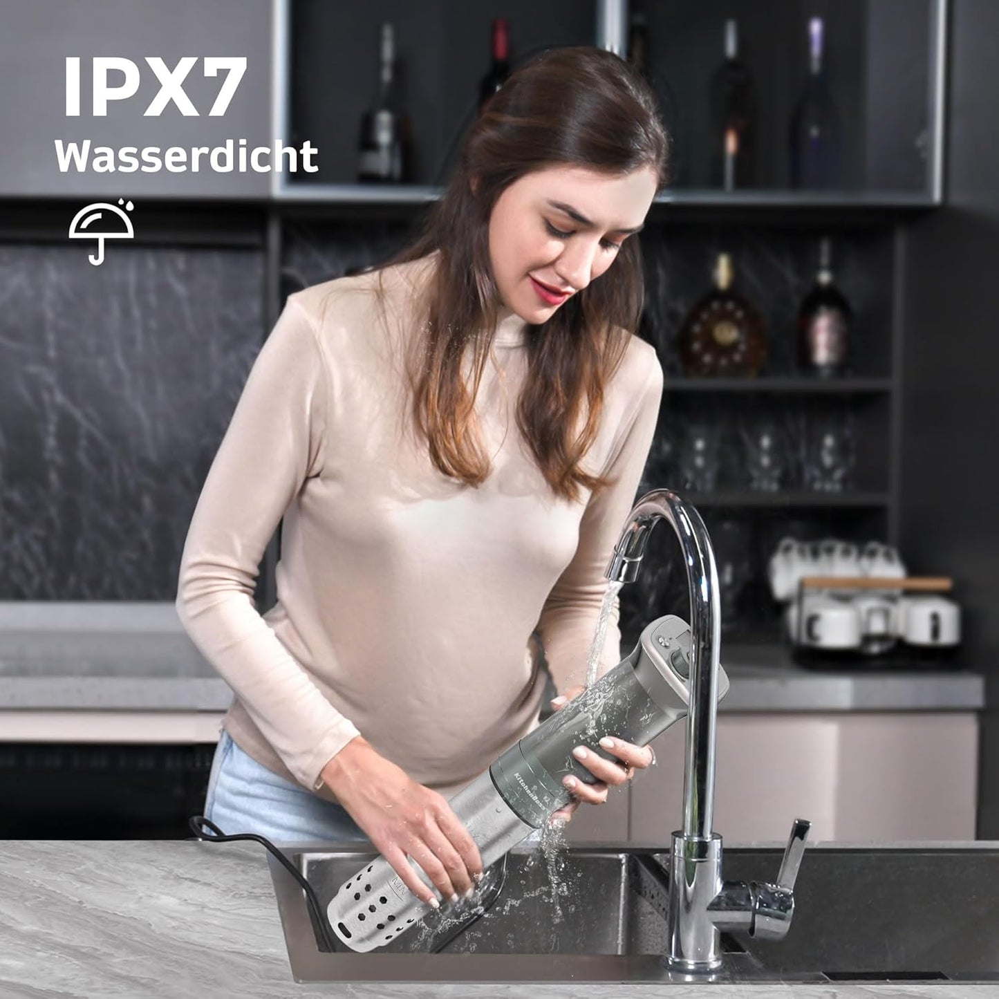 KitchenBoss Sous Vide Stick WiFi: Sous Vide Garer App Control Sous Vide Rod WLAN Precision Cooker TFT Touch Display 1100 W Circulation 40°C - 90°C Ultra Quiet IPX7 Waterproof