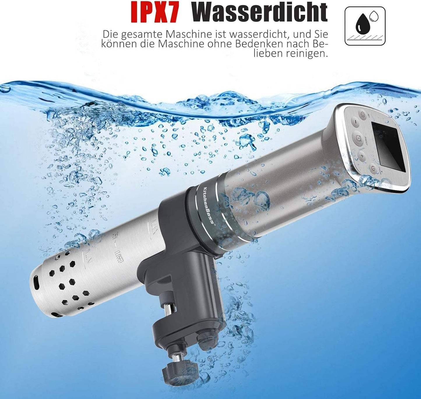 KitchenBoss Sous Vide Stick WiFi: Sous Vide Garer App Control Sous Vide Rod WLAN Precision Cooker TFT Touch Display 1100 W Circulation 40°C - 90°C Ultra Quiet IPX7 Waterproof