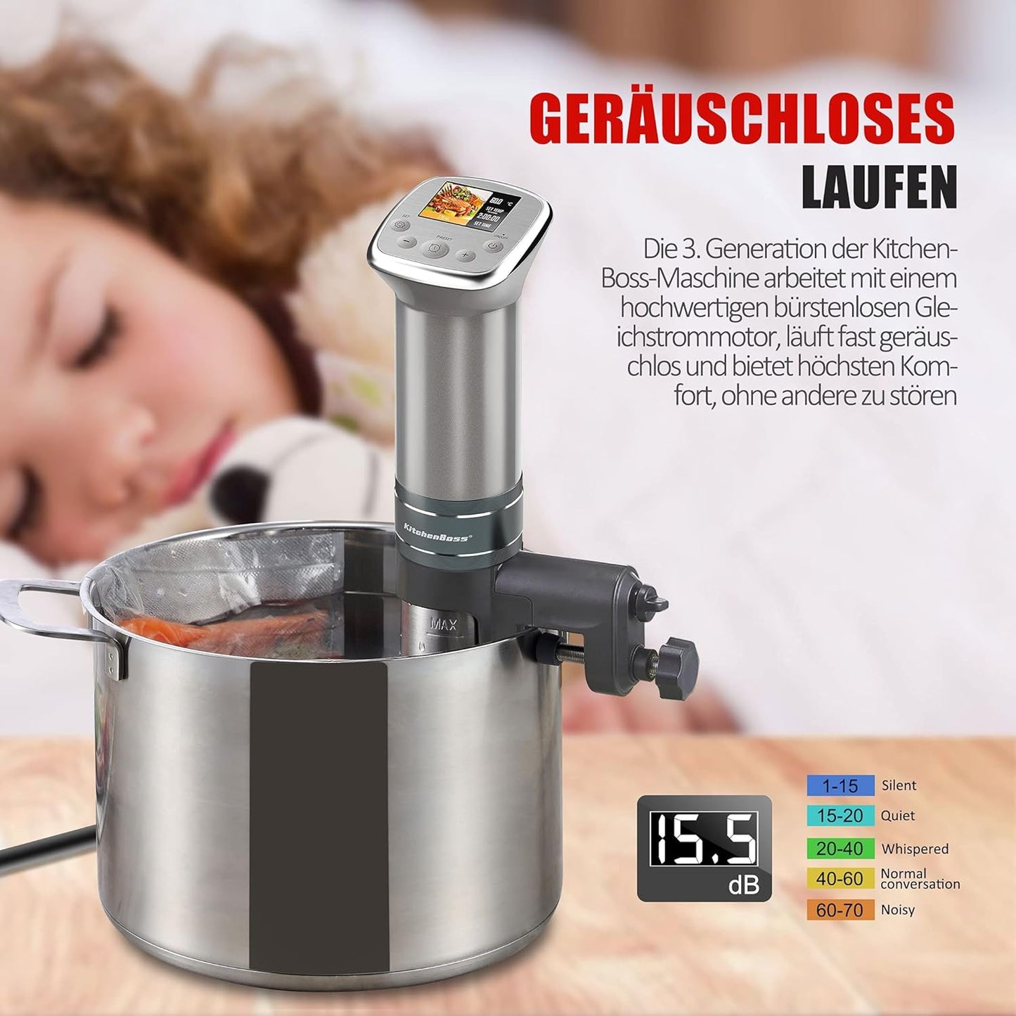KitchenBoss Sous Vide Stick WiFi: Sous Vide Garer App Control Sous Vide Rod WLAN Precision Cooker TFT Touch Display 1100 W Circulation 40°C - 90°C Ultra Quiet IPX7 Waterproof