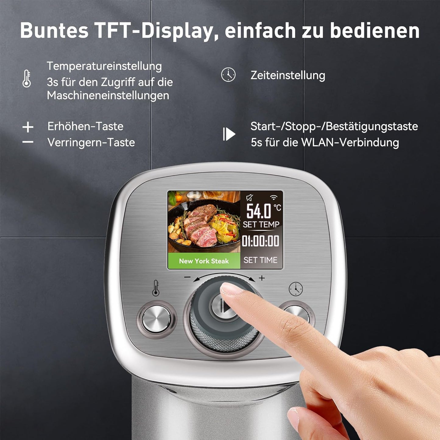 KitchenBoss Sous Vide Stick WiFi: Sous Vide Garer App Control Sous Vide Rod WLAN Precision Cooker TFT Touch Display 1100 W Circulation 40°C - 90°C Ultra Quiet IPX7 Waterproof