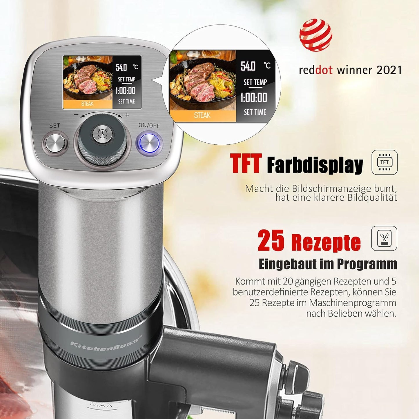 KitchenBoss Sous Vide Stick WiFi: Sous Vide Garer App Control Sous Vide Rod WLAN Precision Cooker TFT Touch Display 1100 W Circulation 40°C - 90°C Ultra Quiet IPX7 Waterproof