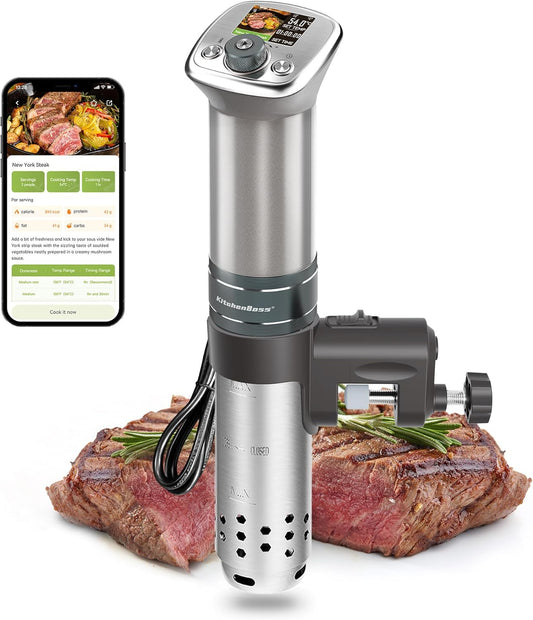 KitchenBoss Sous Vide Stick WiFi: Sous Vide Garer App Control Sous Vide Rod WLAN Precision Cooker TFT Touch Display 1100 W Circulation 40°C - 90°C Ultra Quiet IPX7 Waterproof
