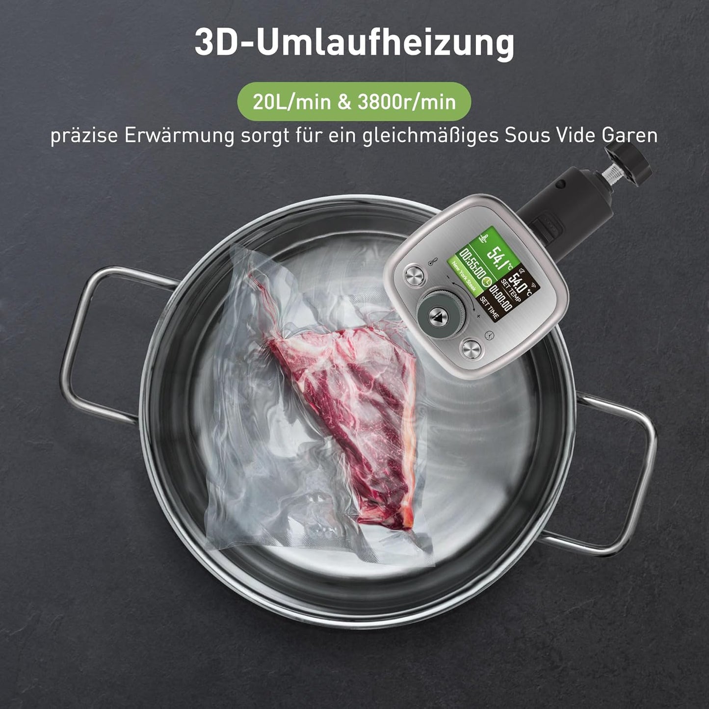 KitchenBoss Sous Vide Stick WiFi: Sous Vide Garer App Control Sous Vide Rod WLAN Precision Cooker TFT Touch Display 1100 W Circulation 40°C - 90°C Ultra Quiet IPX7 Waterproof