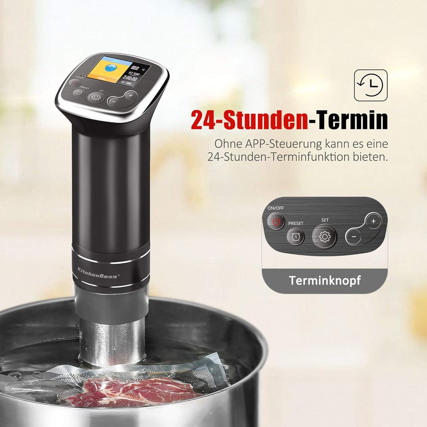 KitchenBoss Sous Vide Stick WiFi: Sous Vide Garer App Control Sous Vide Rod WLAN Precision Cooker TFT Touch Display 1100 W Circulation 40°C - 90°C Ultra Quiet IPX7 Waterproof