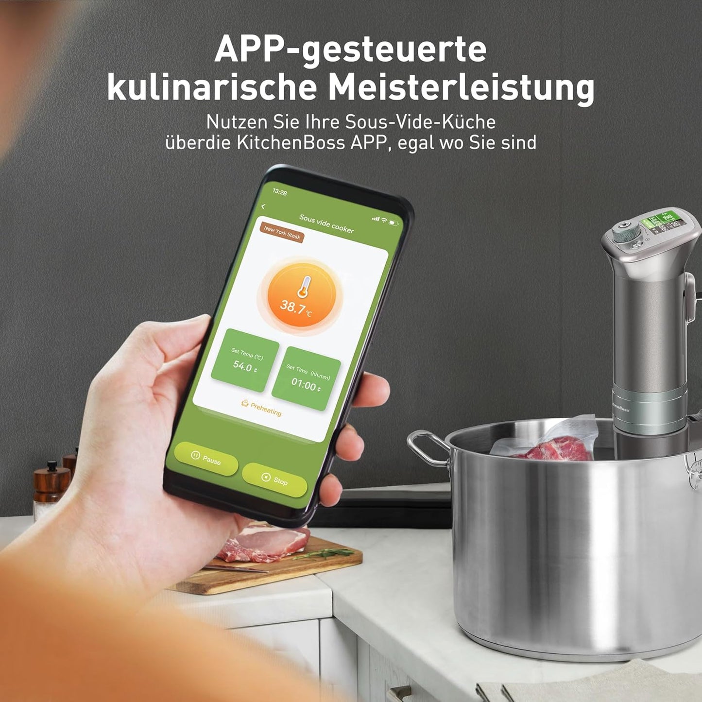 KitchenBoss Sous Vide Stick WiFi: Sous Vide Garer App Control Sous Vide Rod WLAN Precision Cooker TFT Touch Display 1100 W Circulation 40°C - 90°C Ultra Quiet IPX7 Waterproof