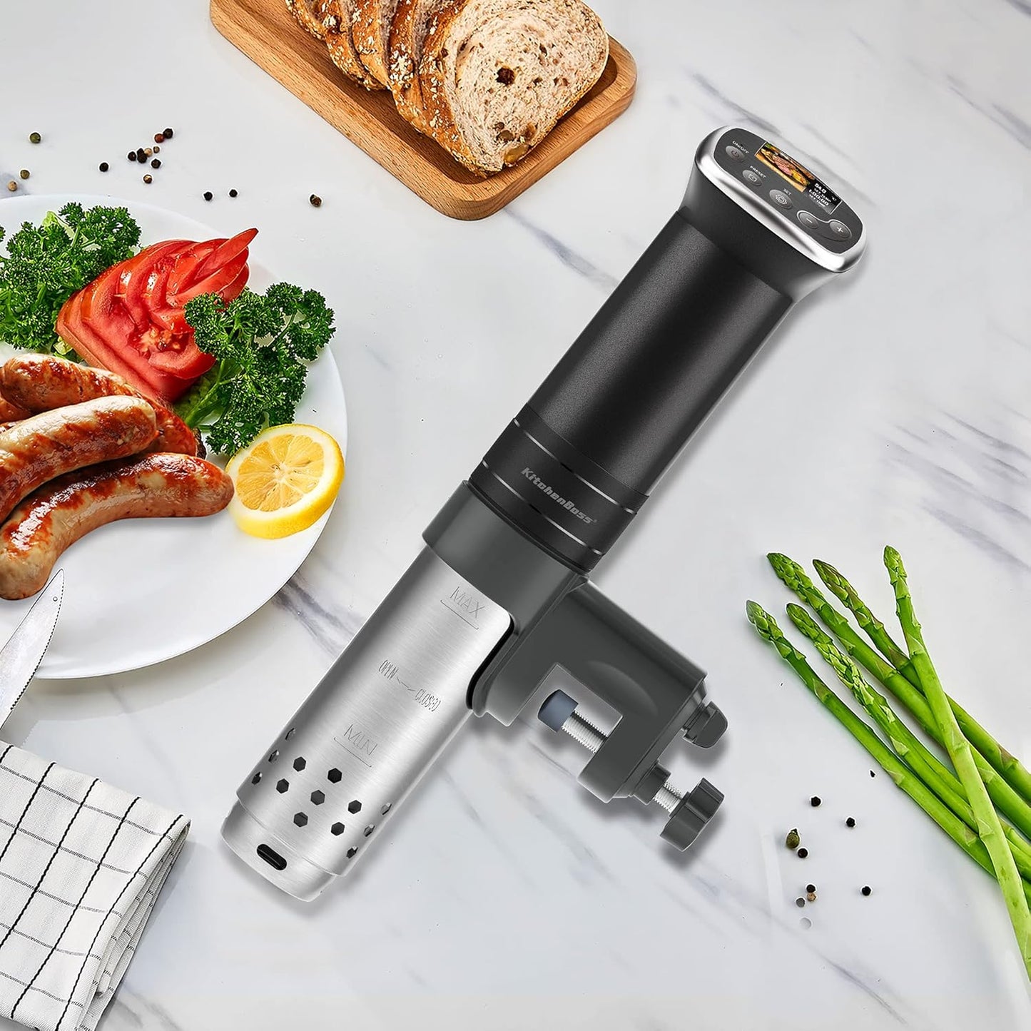 KitchenBoss Sous Vide Stick WiFi: Sous Vide Garer App Control Sous Vide Rod WLAN Precision Cooker TFT Touch Display 1100 W Circulation 40°C - 90°C Ultra Quiet IPX7 Waterproof