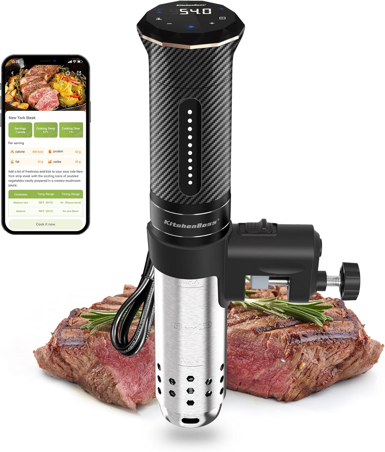 KitchenBoss Sous Vide Garer Stick WiFi：Sous Vide Stab Wi-Fi Präzisionskocher Immersion Tauchzikulator App-Steuerung IPX7 Wasserdicht Ultra-leise LED Touch Display 1100W 40℃-90℃