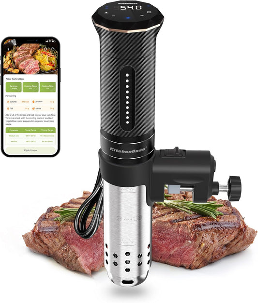 KitchenBoss Sous Vide Garer Stick WiFi：Sous Vide Stab Wi-Fi Präzisionskocher Immersion Tauchzikulator App-Steuerung IPX7 Wasserdicht Ultra-leise LED Touch Display 1100W 40℃-90℃