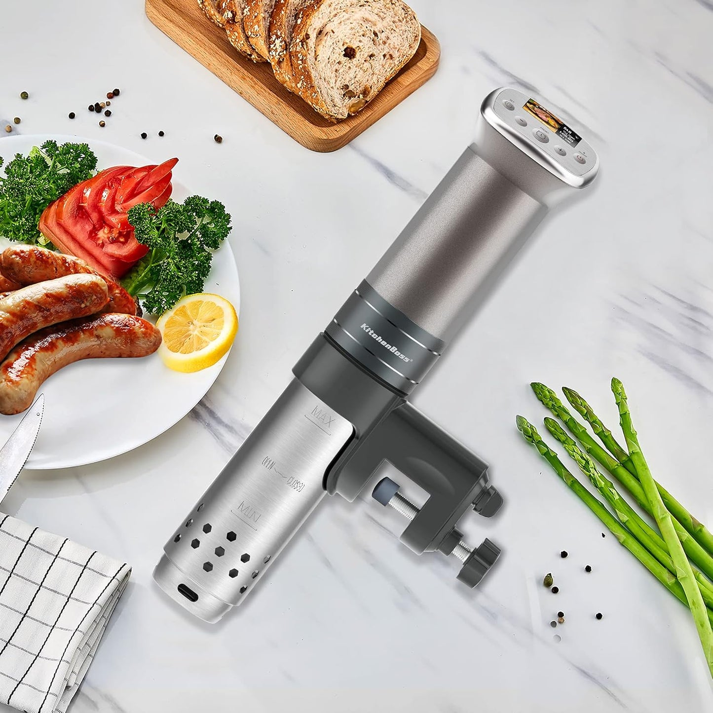 KitchenBoss Sous Vide Stick WiFi: Sous Vide Garer App Control Sous Vide Rod WLAN Precision Cooker TFT Touch Display 1100 W Circulation 40°C - 90°C Ultra Quiet IPX7 Waterproof