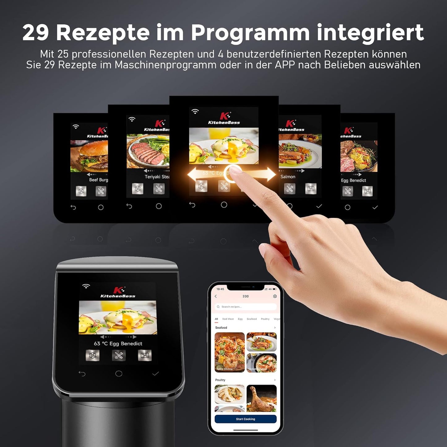 KitchenBoss Sous Vide Garer Stick WLAN: G330 Wifi Precision Cooker Precise Temperature Setting up to 90°C IPX7 Waterproof TFT Touch Display Immersion Diving Ciculator 360° Circulation with Timer