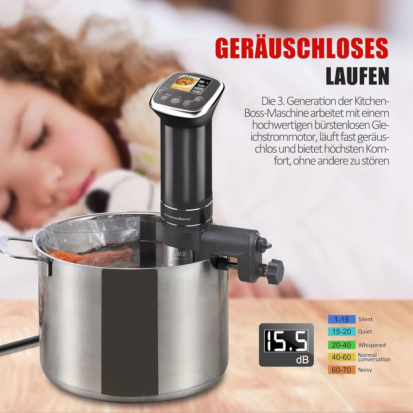 KitchenBoss Sous Vide Stick WiFi: Sous Vide Garer App Control Sous Vide Rod WLAN Precision Cooker TFT Touch Display 1100 W Circulation 40°C - 90°C Ultra Quiet IPX7 Waterproof