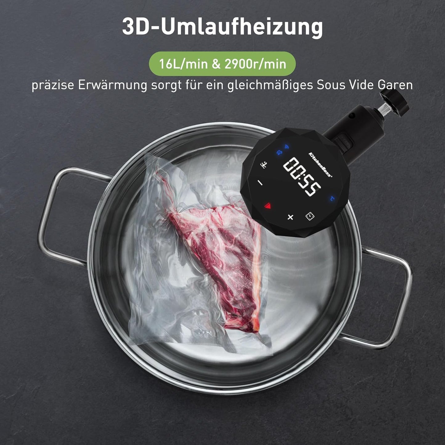 KitchenBoss Sous Vide Garer Stick WiFi：Sous Vide Stab Wi-Fi Präzisionskocher Immersion Tauchzikulator App-Steuerung IPX7 Wasserdicht Ultra-leise LED Touch Display 1100W 40℃-90℃