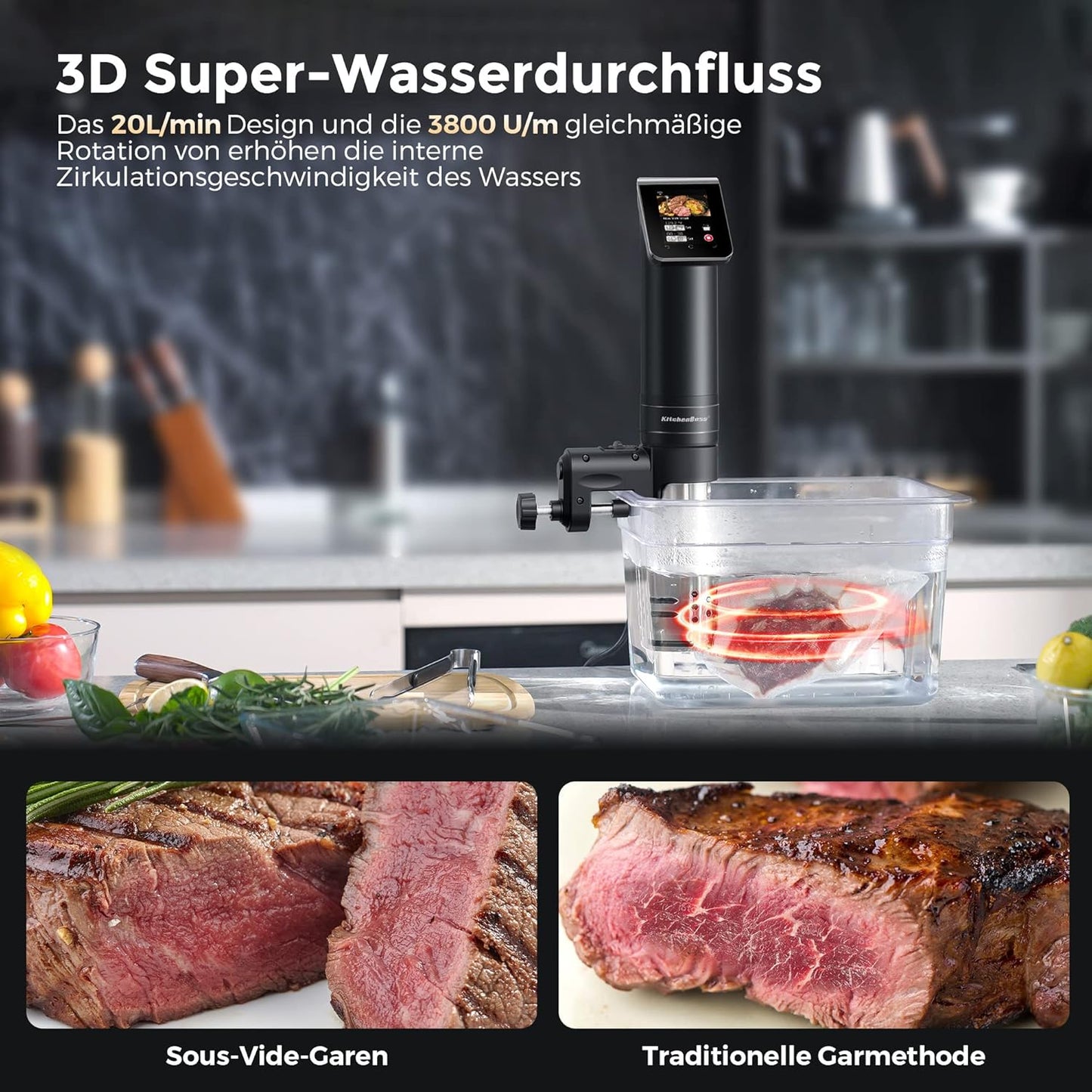KitchenBoss Sous Vide Garer Stick WLAN: G330 Wifi Precision Cooker Precise Temperature Setting up to 90°C IPX7 Waterproof TFT Touch Display Immersion Diving Ciculator 360° Circulation with Timer