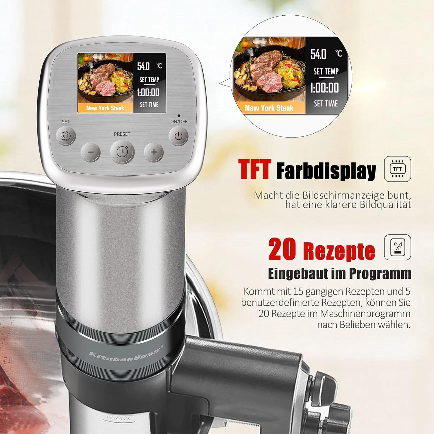 KitchenBoss Sous Vide Stick WiFi: Sous Vide Garer App Control Sous Vide Rod WLAN Precision Cooker TFT Touch Display 1100 W Circulation 40°C - 90°C Ultra Quiet IPX7 Waterproof
