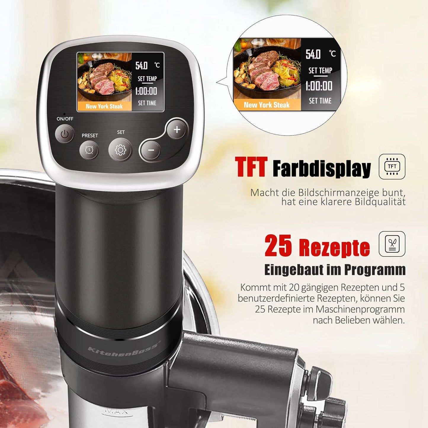 KitchenBoss Sous Vide Stick WiFi: Sous Vide Garer App Control Sous Vide Rod WLAN Precision Cooker TFT Touch Display 1100 W Circulation 40°C - 90°C Ultra Quiet IPX7 Waterproof