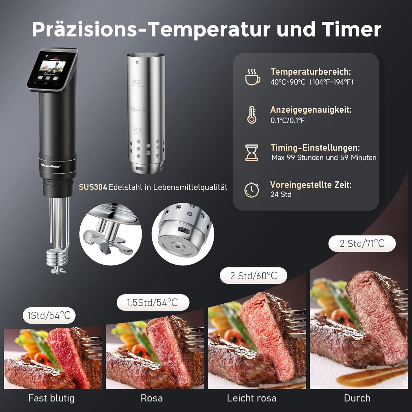 KitchenBoss Sous Vide Garer Stick WLAN: G330 Wifi Precision Cooker Precise Temperature Setting up to 90°C IPX7 Waterproof TFT Touch Display Immersion Diving Ciculator 360° Circulation with Timer
