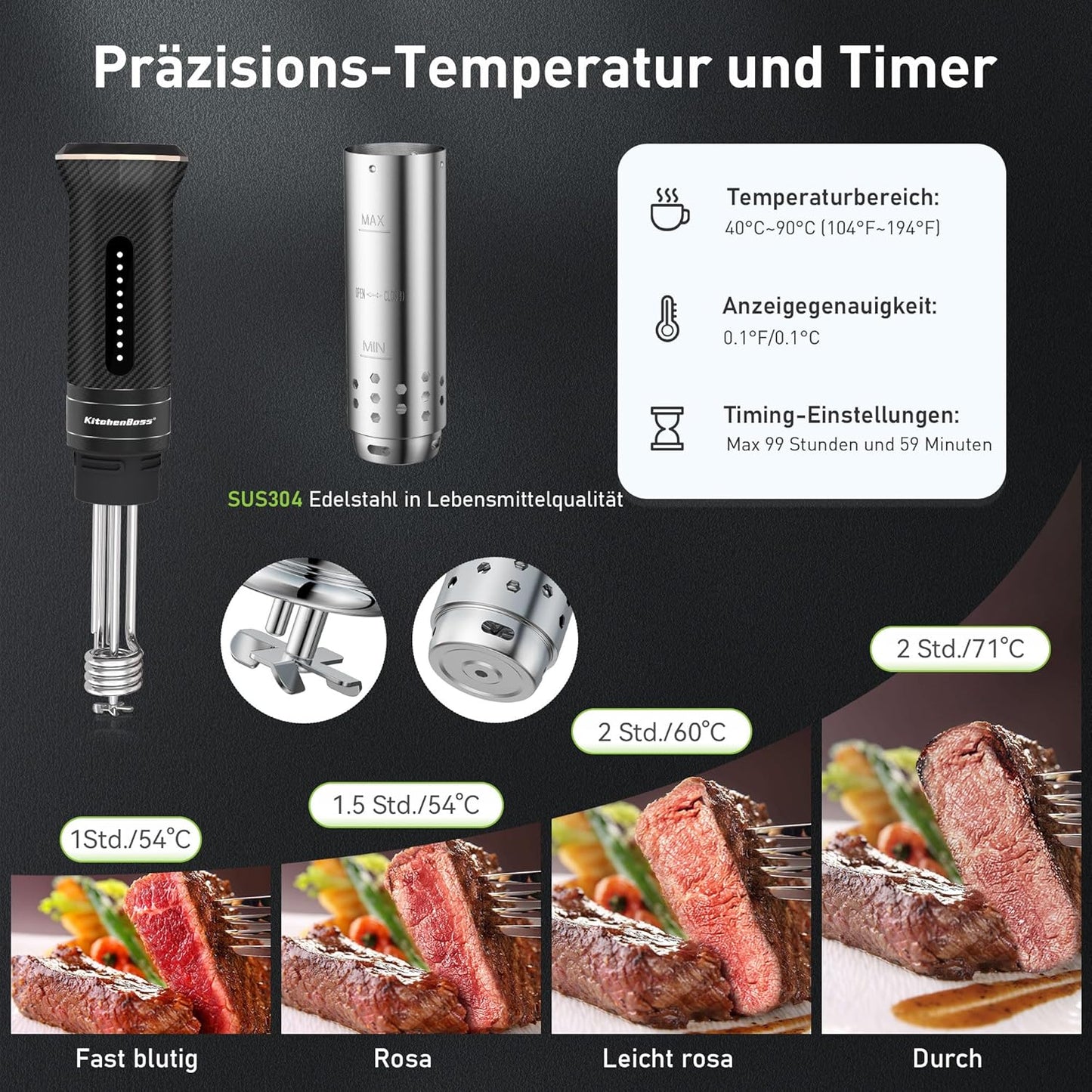KitchenBoss Sous Vide Garer Stick WiFi：Sous Vide Stab Wi-Fi Präzisionskocher Immersion Tauchzikulator App-Steuerung IPX7 Wasserdicht Ultra-leise LED Touch Display 1100W 40℃-90℃