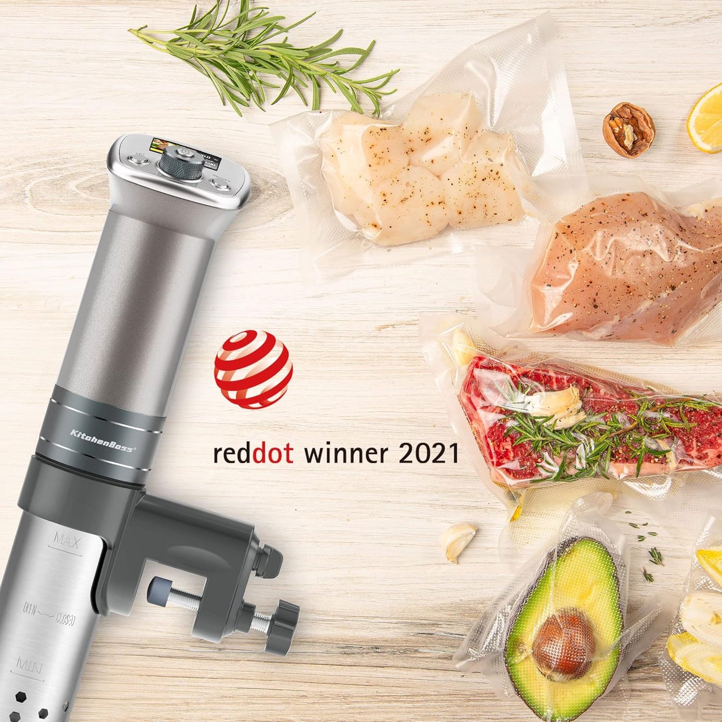 KitchenBoss Sous Vide Stick WiFi: Sous Vide Garer App Control Sous Vide Rod WLAN Precision Cooker TFT Touch Display 1100 W Circulation 40°C - 90°C Ultra Quiet IPX7 Waterproof