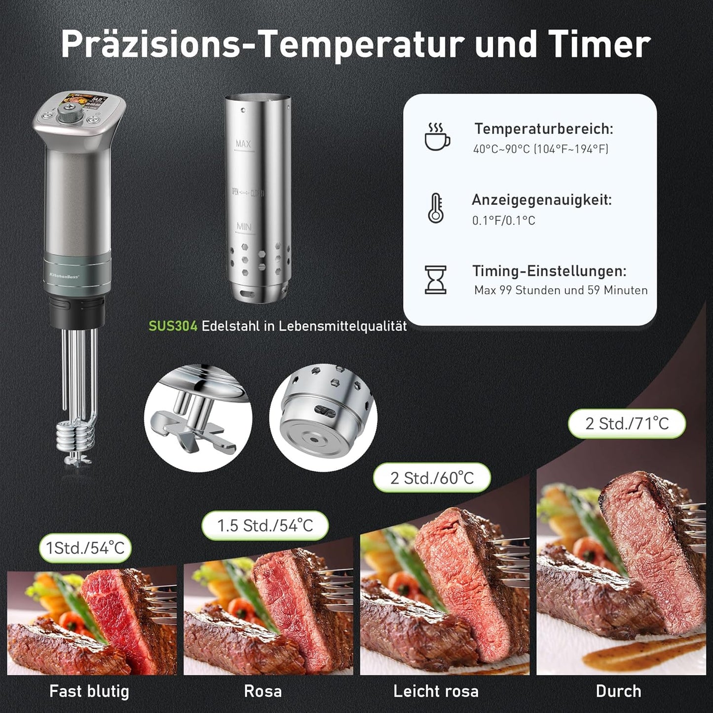 KitchenBoss Sous Vide Stick WiFi: Sous Vide Garer App Control Sous Vide Rod WLAN Precision Cooker TFT Touch Display 1100 W Circulation 40°C - 90°C Ultra Quiet IPX7 Waterproof