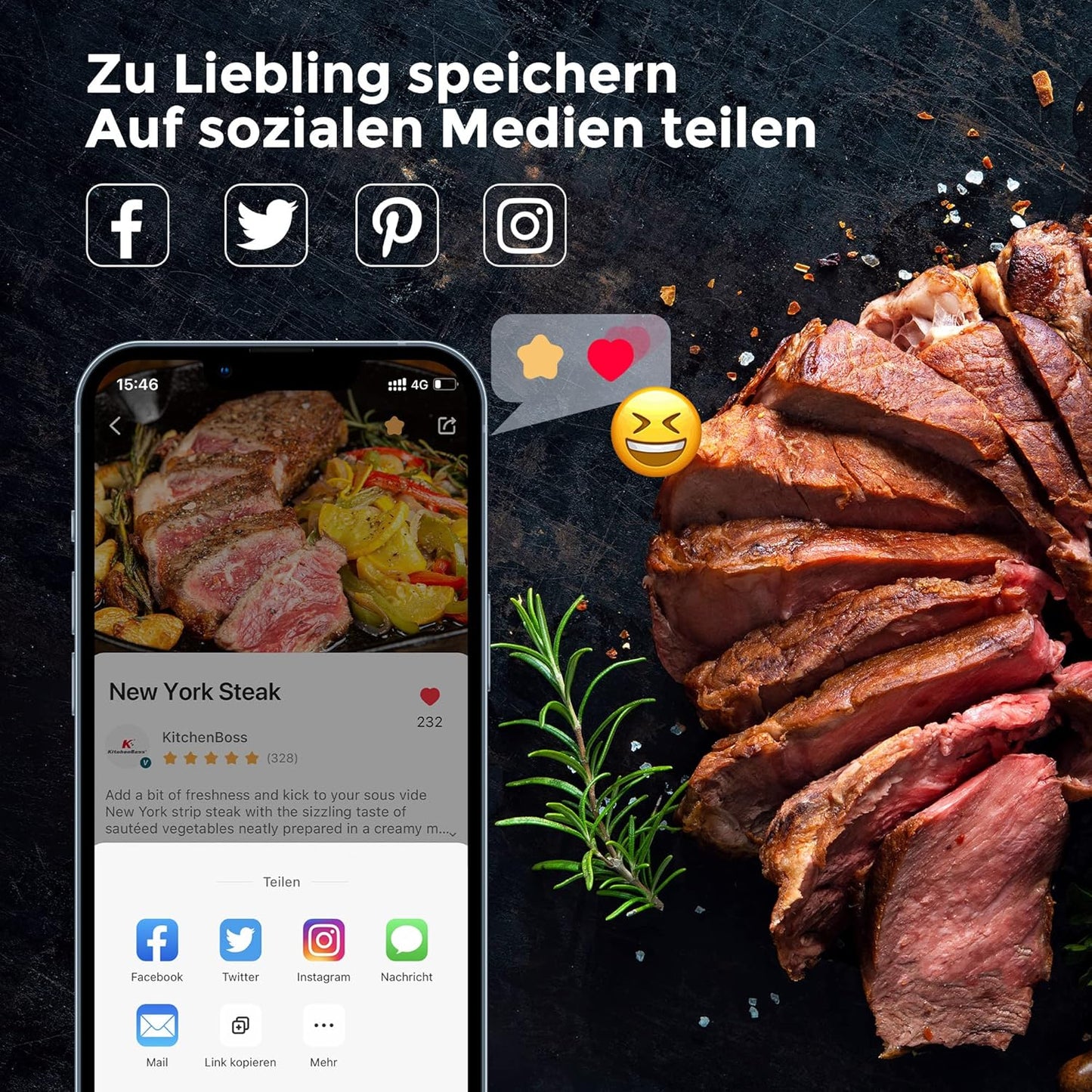 KitchenBoss Sous Vide Garer Stick WLAN: G330 Wifi Precision Cooker Precise Temperature Setting up to 90°C IPX7 Waterproof TFT Touch Display Immersion Diving Ciculator 360° Circulation with Timer
