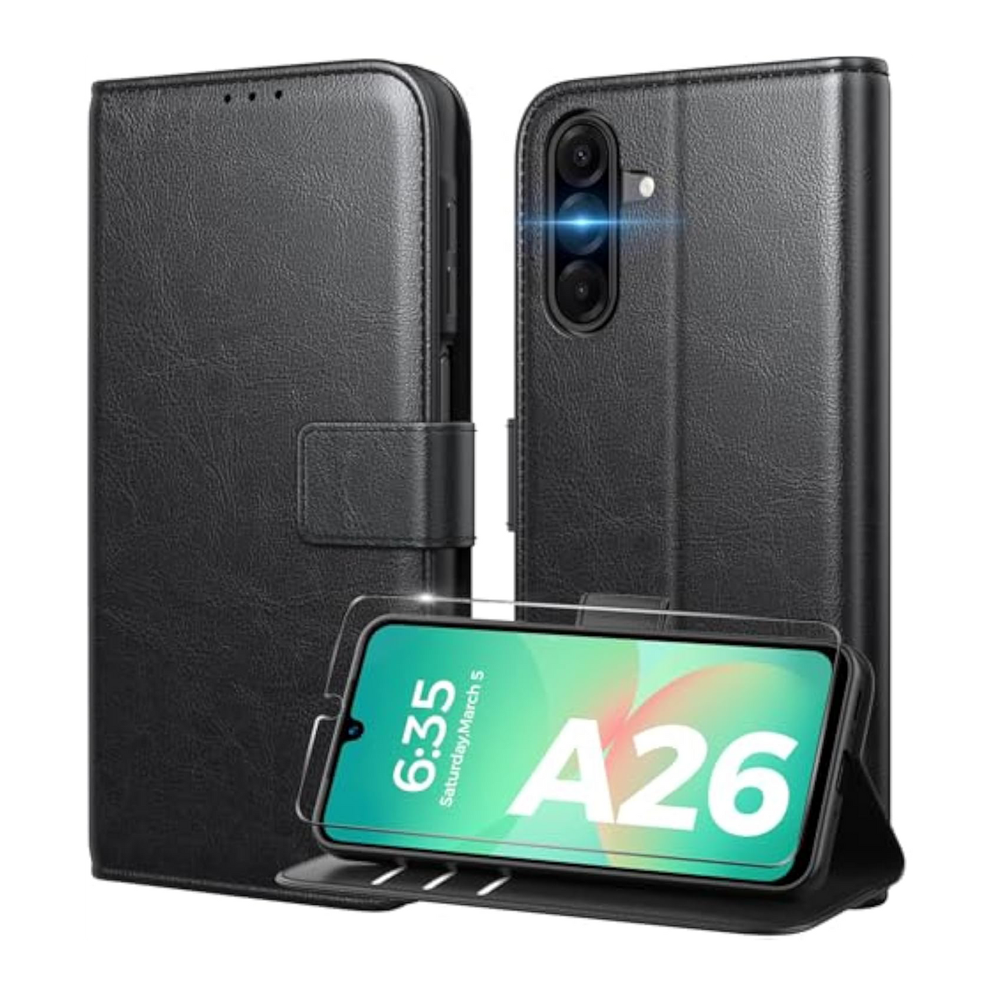 Mobile Phone Case for Samsung Galaxy A26 5G Case [With 1 Piece Tempered Glass Protective Glass] [Premium PU Leather] [RFID Blocking] [Card Slot] [Stand] Flip Case with Galaxy A26 5G / A26 4G