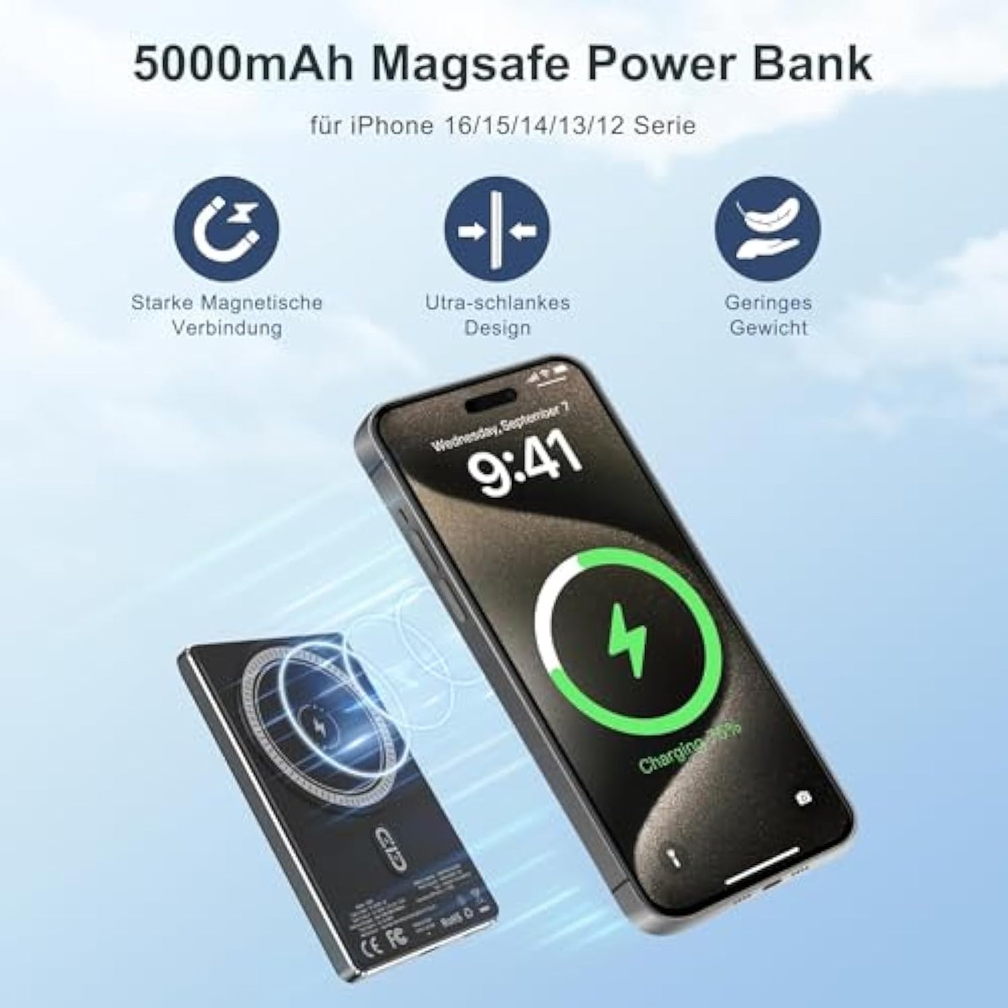 YISH Mag-Safe Powerbank Magnetic Wireless: 5000 mAh Ultra-Slim Magnetic Power Bank, Portable External Battery Pack PD 20 W with Quick Charge USB-C, Compatible with iPhone 16/15/14/13/12 Pro