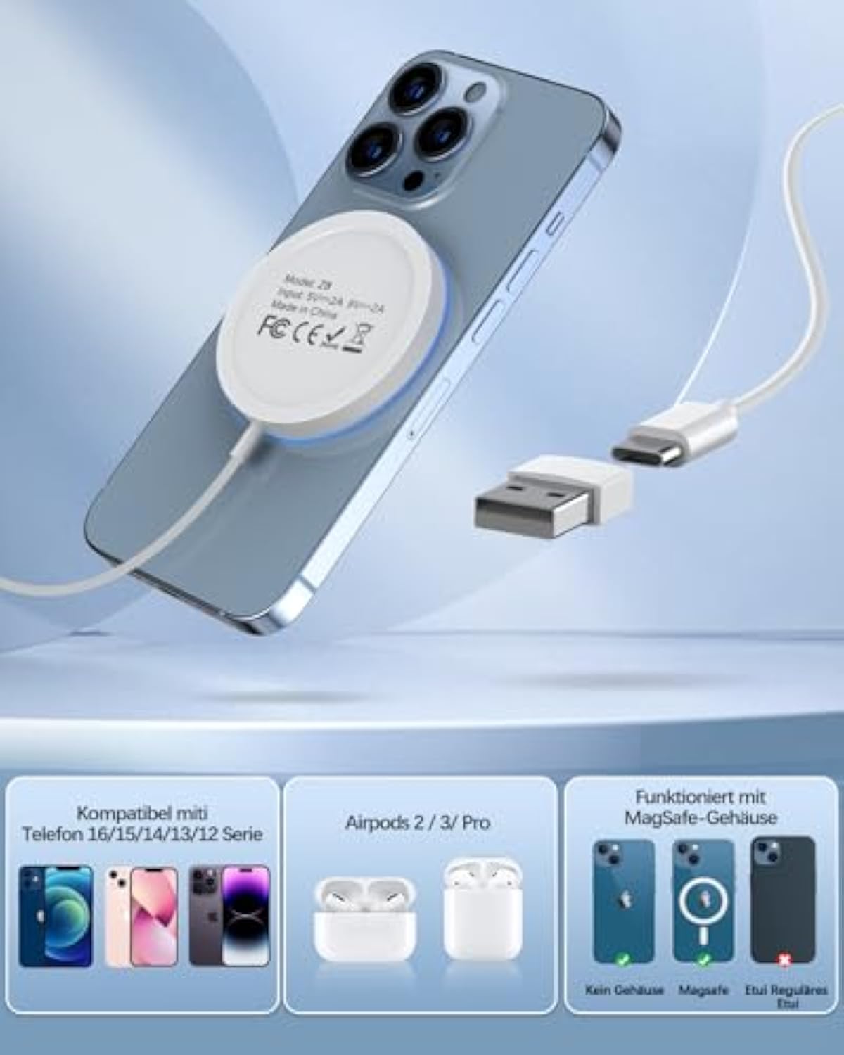 Wireless Charger Inductive Charging Station for iPhone 16 Pro Max/16 Pro/16 Plus/16/15 Pro Max/15/14/13/12 Series, AirPods 3/2, LED Wireless Charger with Two Charging Ports